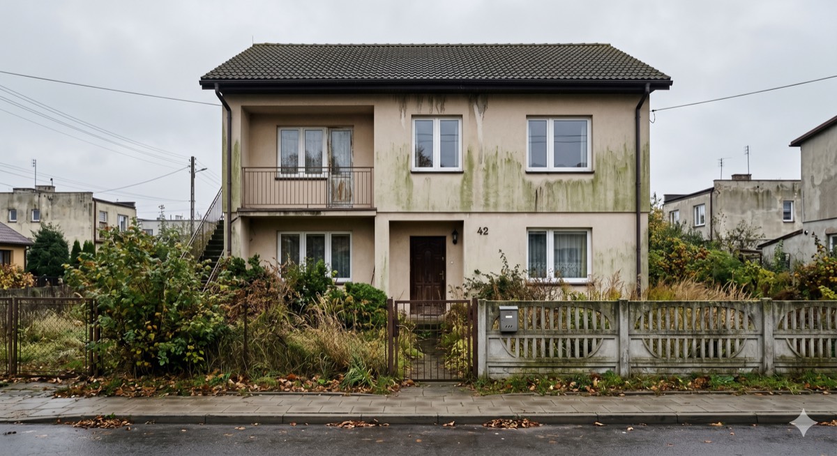 Elewacja domu przed myciem ciśnieniowym — zielone glony i mech