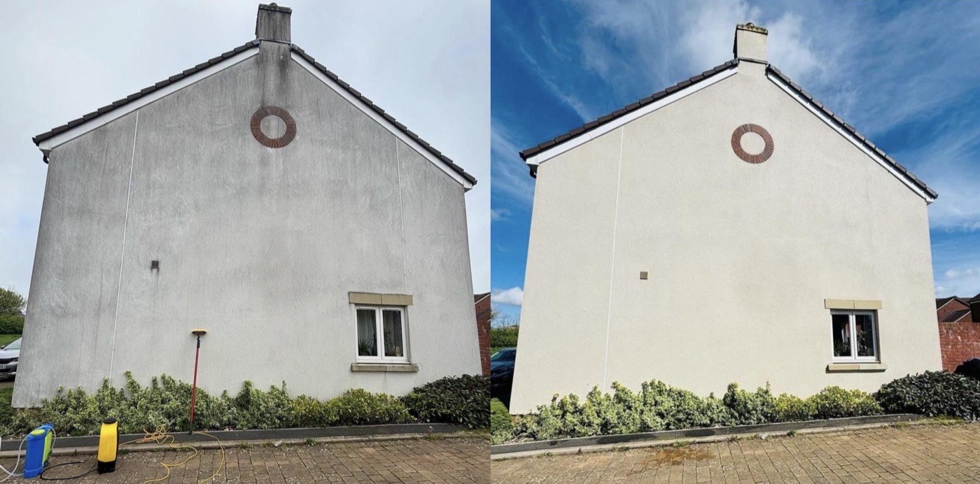 Elewacja domu jednorodzinnego przed i po myciu ciśnieniowym — GlancMycie Śląsk